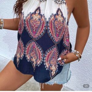 Women's Paisley Halter Top - Navy and White